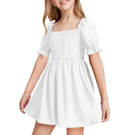 Kiijoy Summer Girls Solid Short Sleeve Dress Square Neck Smocked A Line Dress, Sizes 2-3