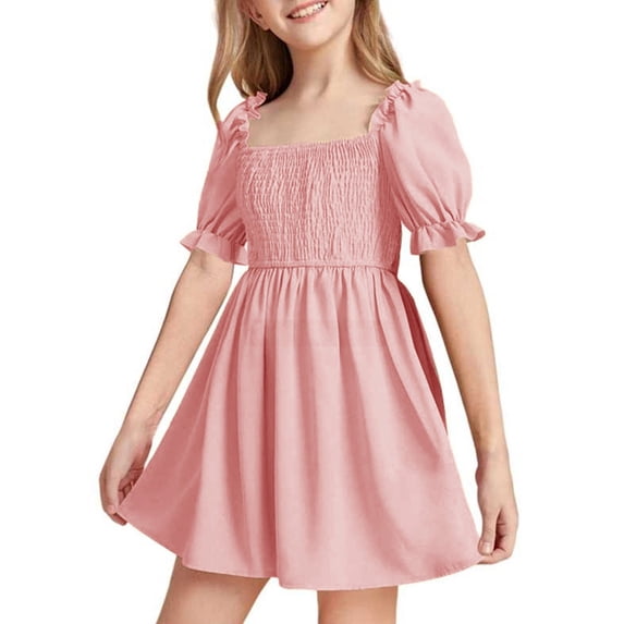 Kiijoy Summer Girls Solid Short Sleeve Dress Square Neck Smocked A Line Dress, Sizes 6-7