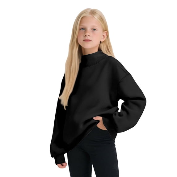 Kiijoy Sweatshirt for Girls Cozy Lined High Neck Pullover Top, Black, Sizes 5-6Y