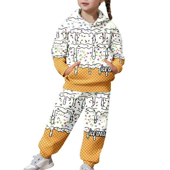 Kiijoy Sweatsuit for Girls Cute Ice-Cream Print Hoodie and Sweatpants Outfits, Sizes 2-5T