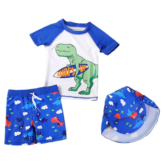 Kiijoy Swimsuit for Boys Short Sleeve Rash Guard Shorts Hat Bathing Suit, 3-Piece, Sizes 5-6