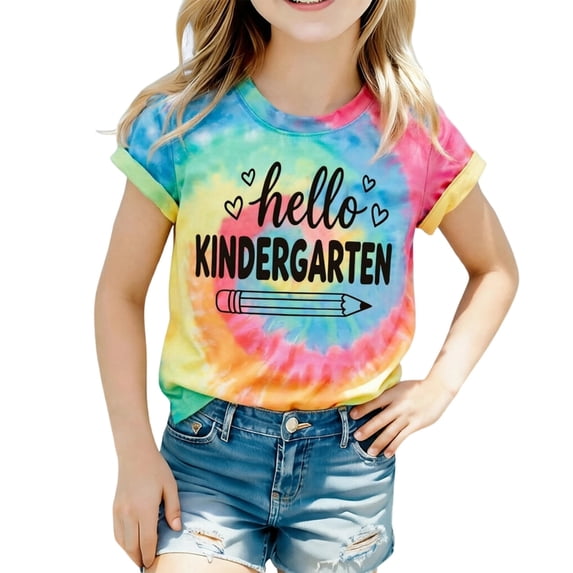 Kiijoy T-Shirt for Girls Back To School Tie Dye Short Sleeve Tshirt Kids Top, Sizes 6-7