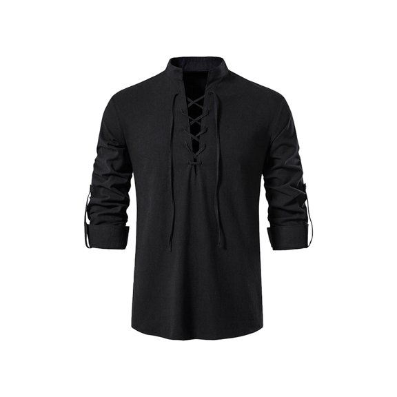 Kiijoy Teen Boys Medieval Shirt Renaissan Lace Up Scottish Jacobite Blouse, Black