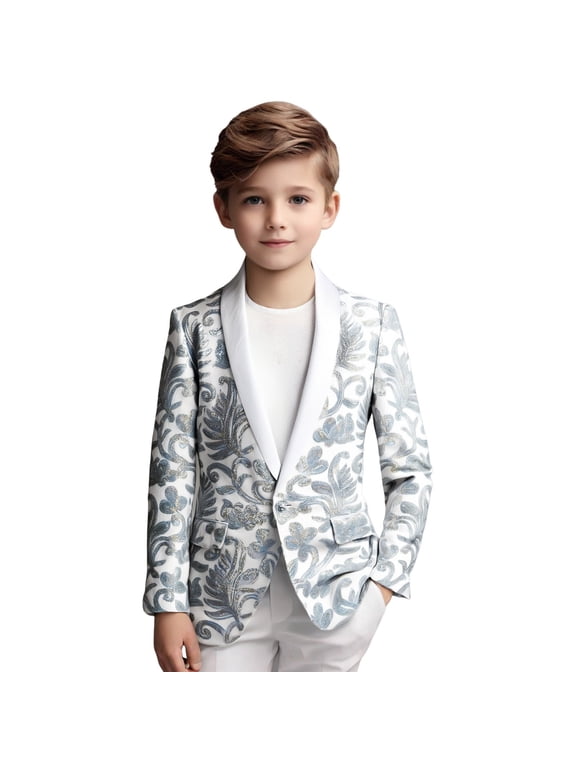 Boys Shiny Sequins Blazer Slim Fit Lapel Suit Jacket for Prom Party, White, 14-15 Years