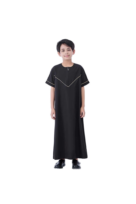 Teen Boys Short Sleeve Thobe Robe Loose Zipper Crew Neck Kufi Robe, Sizes 13-14