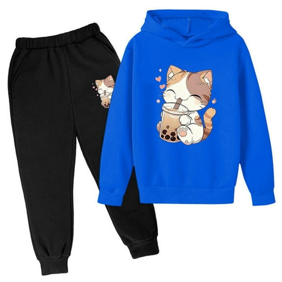 Kiijoy Teen Girls 2 Piece Cartoon Cat Print Hoodie and Sweatpants Outfits, Sizes 13-14
