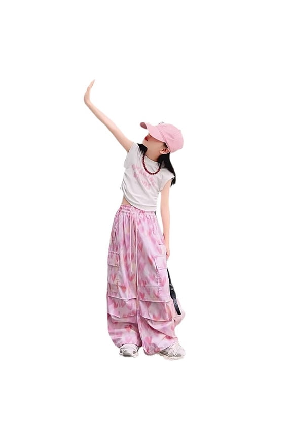 Girls Baggy Cargo Pants Hearts Print Straight Leg Trousers, Sizes 14-15