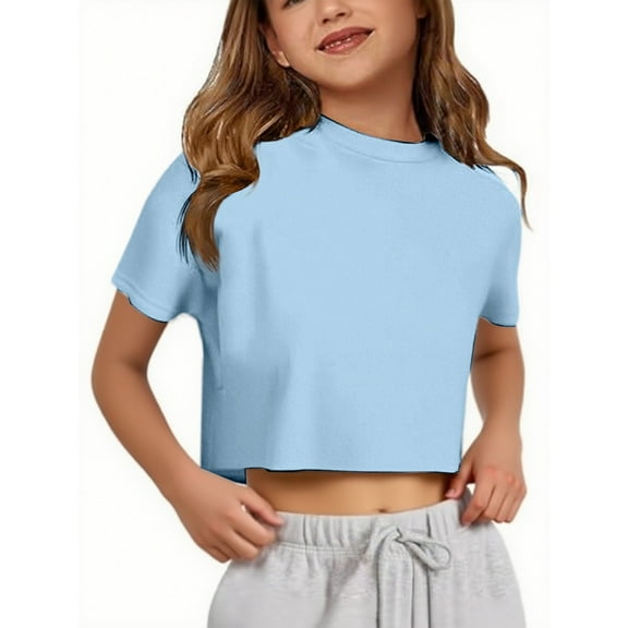 Kiijoy Teen Girls Casual T Shirt Solid Short Sleeve Crew Neck Tee Crop Top, Sizes 13-14