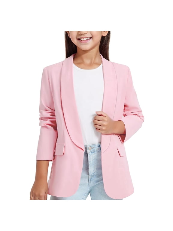 Girls Formal Suit Jacket Solid Shawl Collar Open Front Blazer, Sizes 13-14