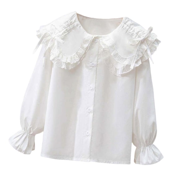 Kiijoy Girls Long Sleeve Blouse Elegant Lace Ruffle Button Down Shirt, Sizes 15-16