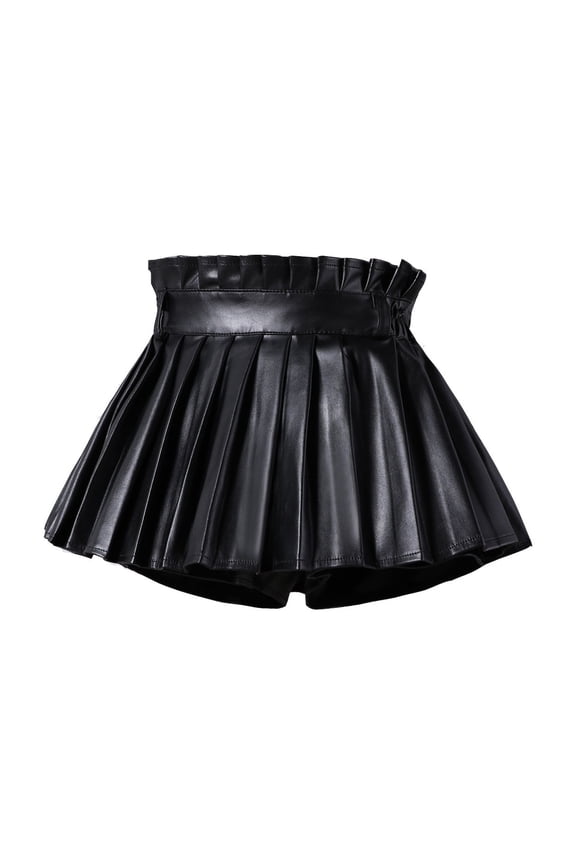 Girls Pu Leather Pleated Skort Trendy High Waisted A-Line Skirt, Sizes 13-14