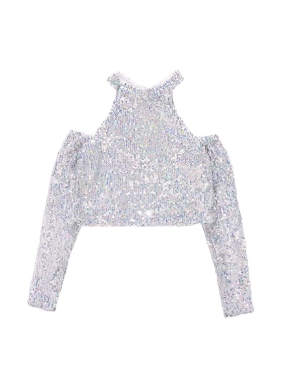 Girls Sparkly Sequin Cold Shoulder T-Shirt Long Sleeve Jazz Crop Top, Sizes 17-18