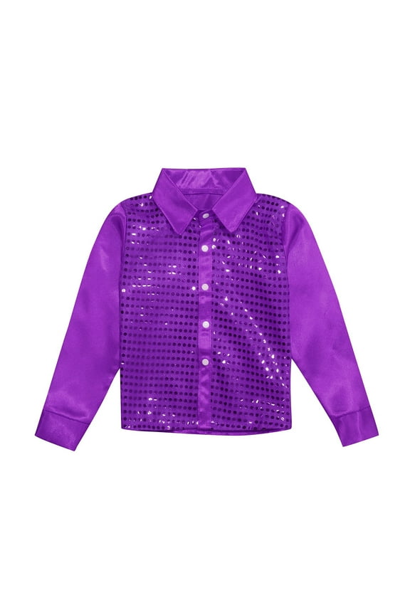 Teen Girls Sparkly Sequins Dance Shirt Long Sleeve Button Down Shirt for Jazz Dance
