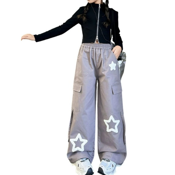 Kiijoy Teen Girls Star Patch Cargo Pants Retro Baggy High Waist Trousers, Sizes 14-15