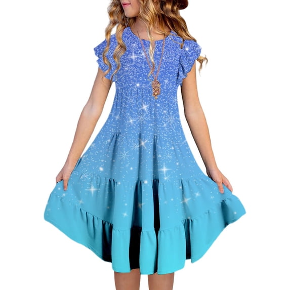 Kiijoy Teen Girls Tiered A Line Dress Casual Flutter Sleeve Dress with Pockets, Sizes 6-15
