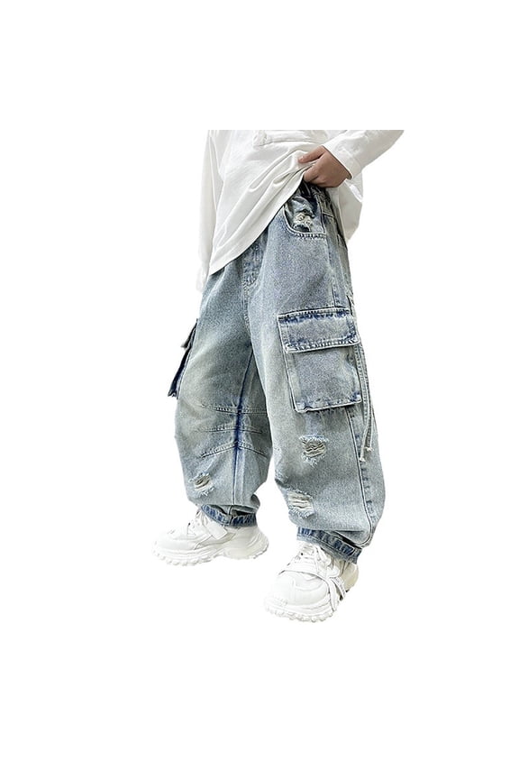 Toddler Boys Baggy Cargo Jeans Elastic Waist Wide Leg Denim Pants with Pockets, Sizes 4-5T