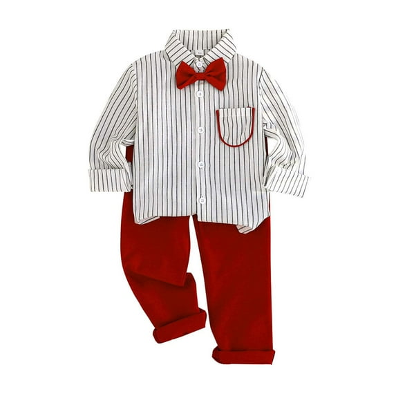 Kiijoy Toddler Boys Christmas Suit Striped Long Sleeve Dress Shirt Pants Outfits, Sizes 2-3