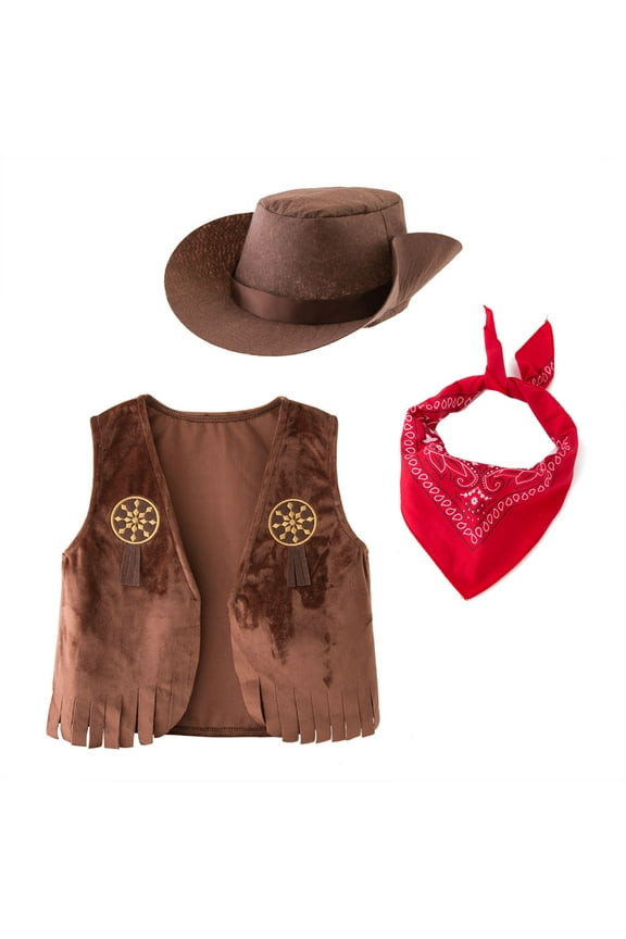 Toddler Boys Cowboy Dress Up Vest with Cowboy Hat Bandanas Outfits, Sizes 3-4