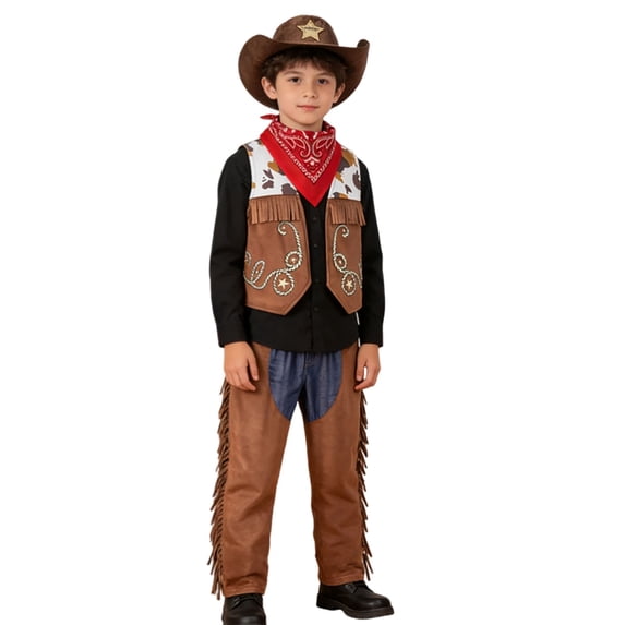 Kiijoy Toddler Boys Cowboy Outfits Fringe Cowboy Vest Pants Scarf Hat 4Pcs Set, Sizes 4-5