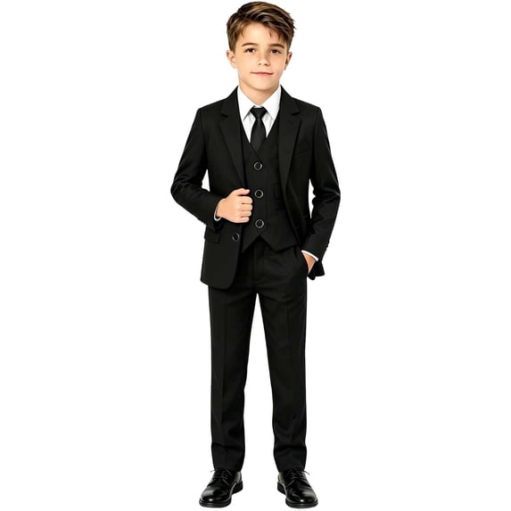 Kiijoy Toddler Boys Formal Outfits Wedding Party Blazer Vest Shirt Pants Tie 5Pcs Set Suit