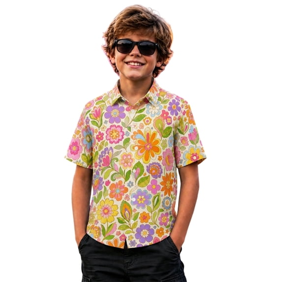 Kiijoy Toddler Boys Holiday Beach Shirt Floral Short Sleeve Button Down Shirt, Orange, 3-4 Years