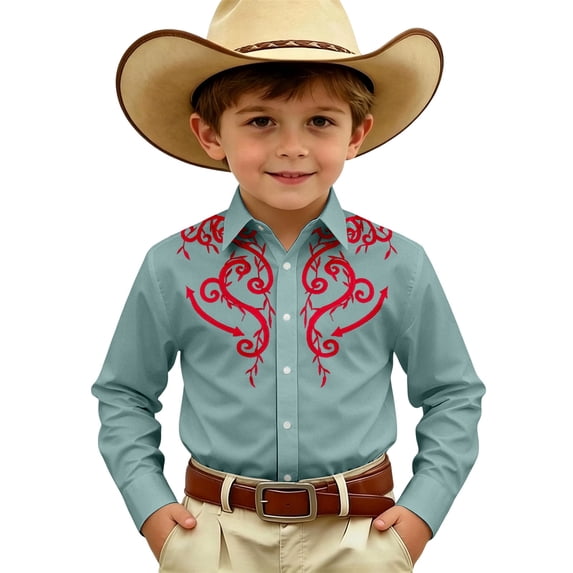 Kiijoy Toddler Boys Long Sleeve Western Cowboy Shirt Youth Vintage Button Up Shirt, 4-5 Years