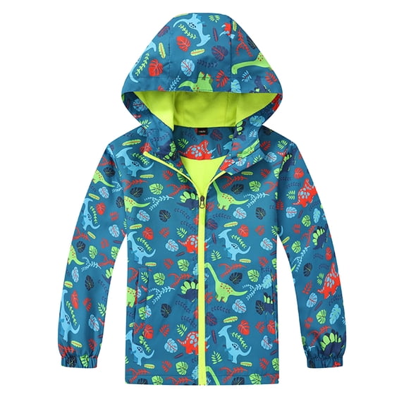 Kiijoy Toddler Boys Rain Jacket Dinosaur Hooded Windbreaker Outdoor Lightweight Coat, 3-4 Years