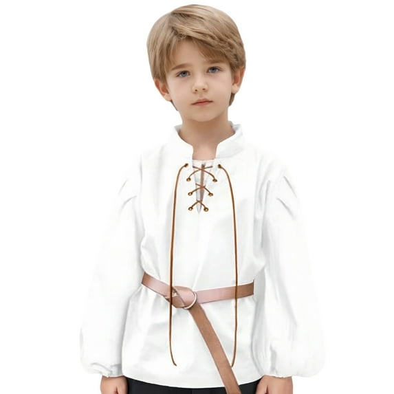 Kiijoy Toddler Boys Retro Medieval Shirt Lace Up Long Sleeve Cotton Linen Shirt, Sizes 3-14