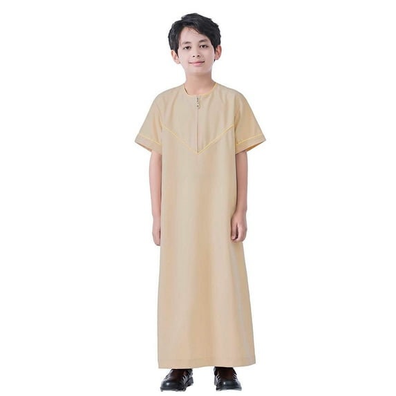 Kiijoy Toddler Boys Short Sleeve Thobe Robe Loose Zipper Crew Neck Kufi Robe, Sizes 4-5