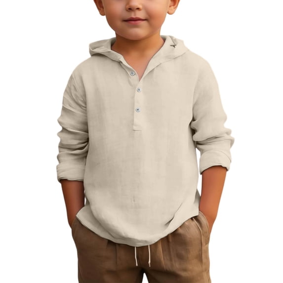 Kiijoy Toddler Boys Summer Hooded Shirt Breathable Long Sleeve Button Up Beach Shirt, Beige, 4-5 Years