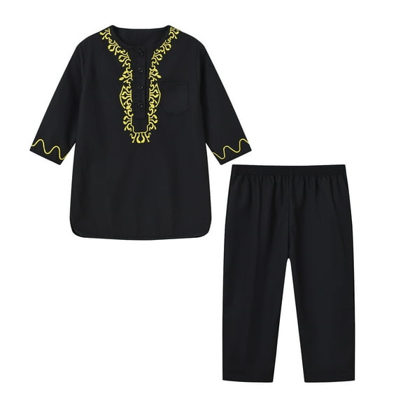 Kiijoy Toddler Boys Thobe Long Sleeve Robe Pants Suit Embroidery Kufi Outfits, Sizes 3-4