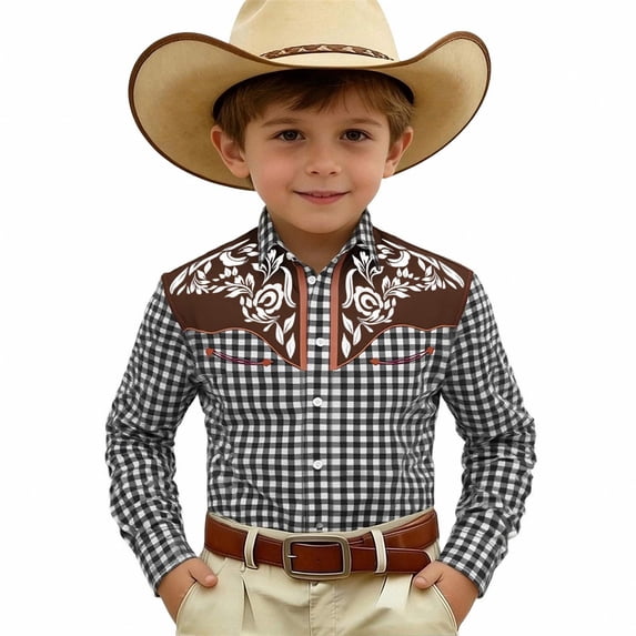 Kiijoy Toddler Boys Western Cowboy Long Sleeve Shirt Casual Party Button Down Shirt, Black, 3-4 Years