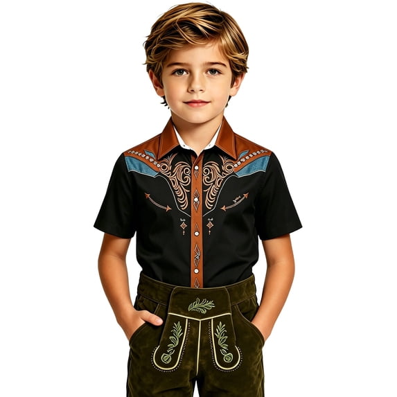 Kiijoy Toddler Boys Western Cowboy Shirt Casual Short Sleeve Button Down Shirt Top, Black, 3-4 Years