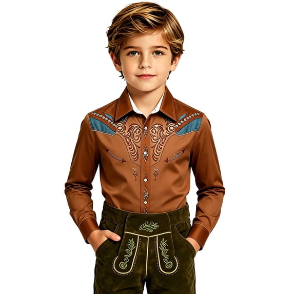 Kiijoy Toddler Boys Western Long Sleeve Cowboy Shirt Lightweight Button Front Shirt, Brown, 3-4 Years