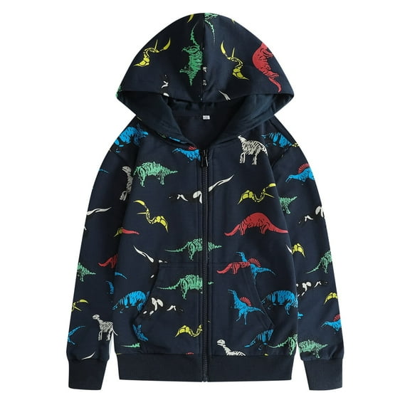 Kiijoy Toddler Boys Zip Up Hoodie Dinosaur Print Cotton Hooded Sweatshirt, Sizes 3-4