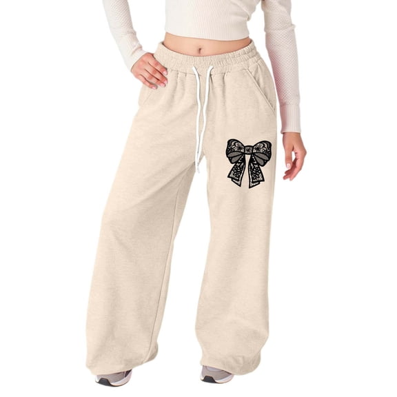 Kiijoy Toddler Girl's Bow Sweatpants Straight Leg High Rise Drawstring Pants, Sizes 4-5