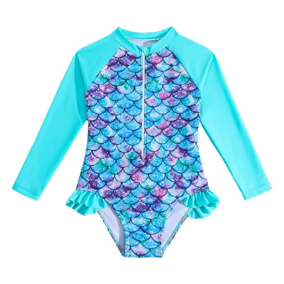 Kiijoy Toddler Girl's Long Sleeve Zip-Up Rash Guard One-Piece Swimsuit Bathing Suit