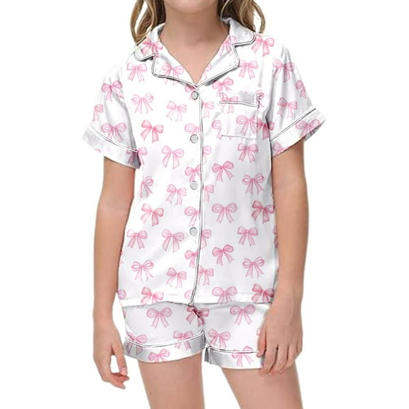 Kiijoy Toddler Girl Pajamas Bow Prints Short Sleeve Button Top Shorts Pjs Set, Sizes 3-4