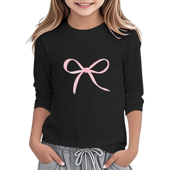 Kiijoy Toddler Girl's T-Shirt Bowknot Print 3/4 Sleeve Crew Neck T Shirt, Sizes 3-4