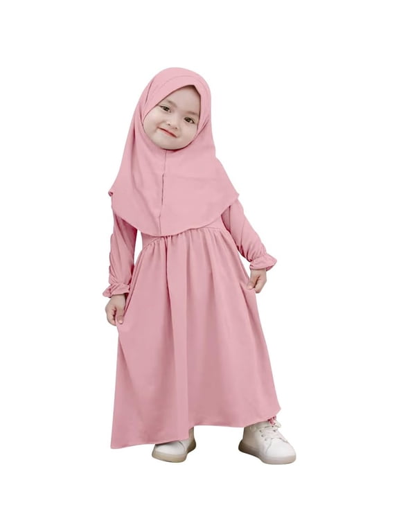 Toddler Girls Abaya and Headscarf Set Solid Full Hijab Burka Outfits, Sizes 4-5