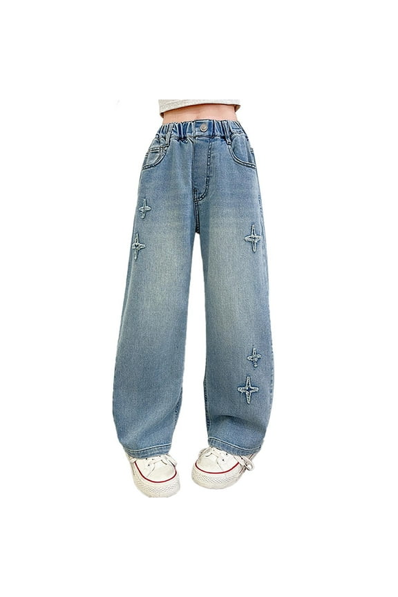 Toddler Girls Baggy Straight Jeans Star Embroidery Pull On Denim Pants, Sizes 4-14
