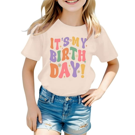 Kiijoy Toddler Girls' Birthday T Shirt Letter Print Short Sleeved T-Shirt, Sizes 1-13