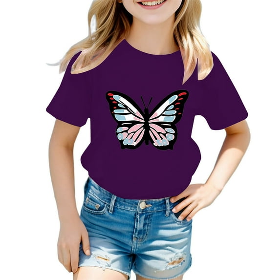 Kiijoy Toddler Girls Butterfly Print Graphic Tee Short Sleeve Crewneck T-Shirt, Sizes 3-12