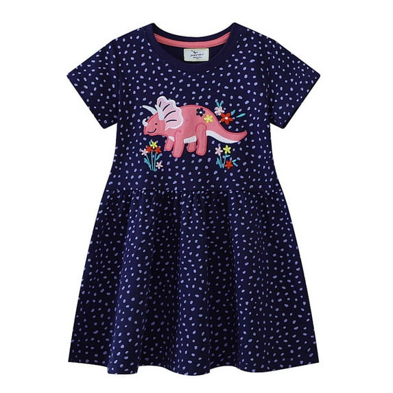 Kiijoy Toddler Girls Cartoon Dinosaur Print Knit Dress Short Sleeve Casual Play Dress