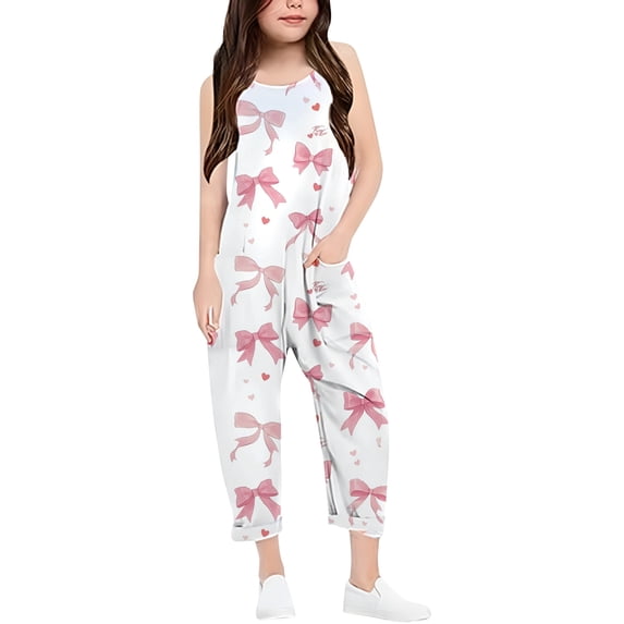 Kiijoy Toddler Girls Casual Bow Print Romper Summer Loose V Neck Strap Jumpsuit, Sizes 4-14