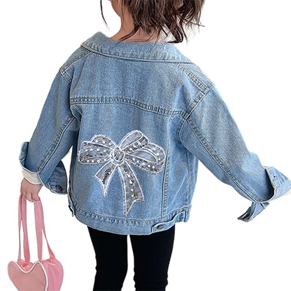 Kiijoy Toddler Girls Casual Denim Jacket Stylish Puff Print Bow Jean Coat Kids Outerwear