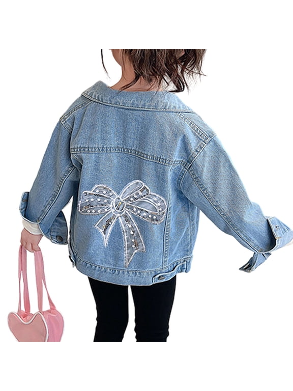 Toddler Girls Casual Denim Jacket Stylish Puff Print Bow Jean Coat Kids Outerwear