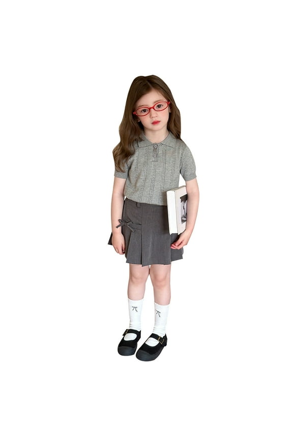 Toddler Girl Knitted Polo Shirt Solid Short Sleeve Shirt School Uniform, Sizes 3-4
