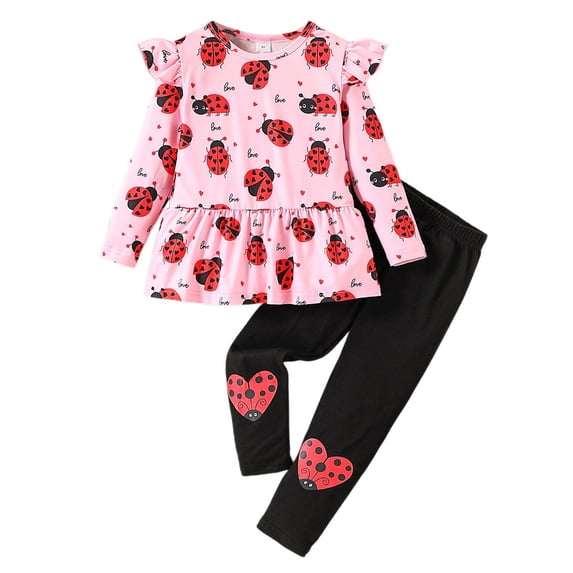 Kiijoy Toddler Girls Casual Outfits Ladybug Print Ruffle Long Sleeve T-Shirt Pants Set