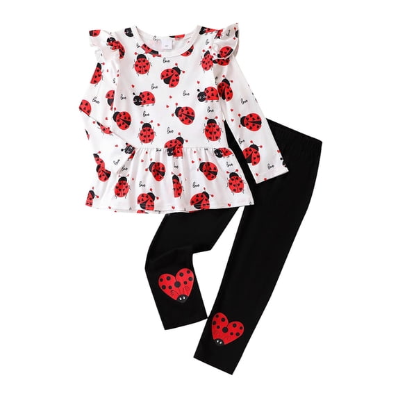 Kiijoy Toddler Girls Casual Outfits Ladybug Print Ruffle Long Sleeve T-Shirt Pants Set